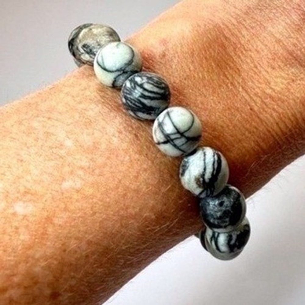 Beaded Stretch Bracelet OS Grey White Marbled Stone Zebra Jasper Style Boho